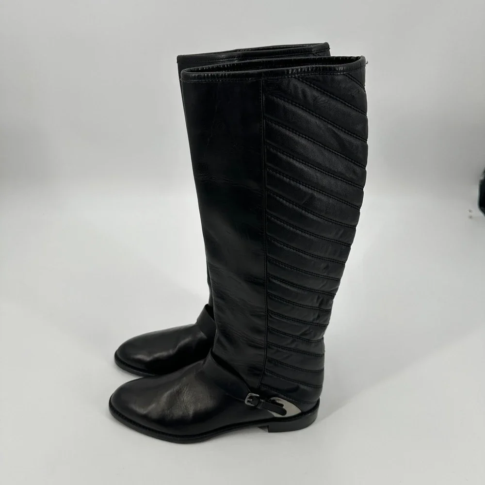 Stuart Weitzman Black Leather Knee High‎ Boots Raceway Quilted Side Buckle 6.5 M